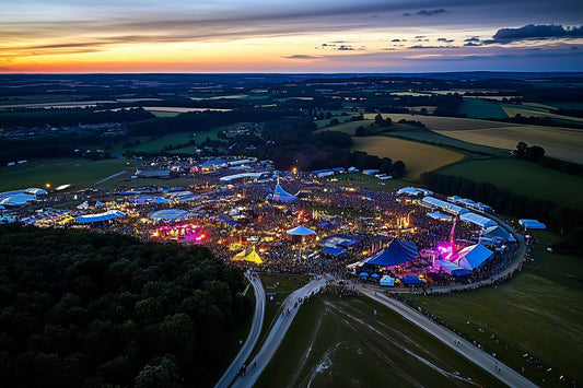 Aerial view of Boomtown Festival 2025 site at dusk showing illuminated stages and immersive districts on the Matterley Estate in Hampshire.