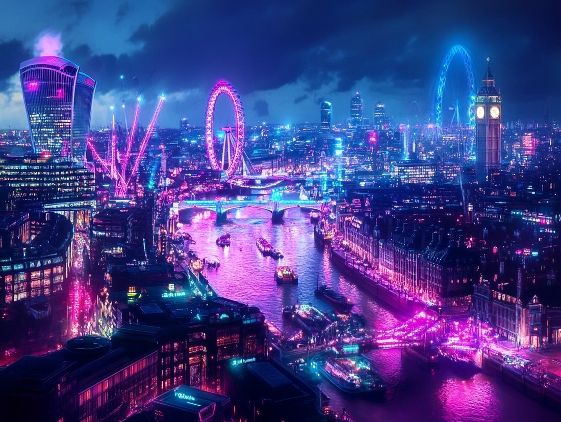 Panoramic view of London’s vibrant skyline at night with neon lights and illuminated clubs highlighting the city’s dynamic nightlife
